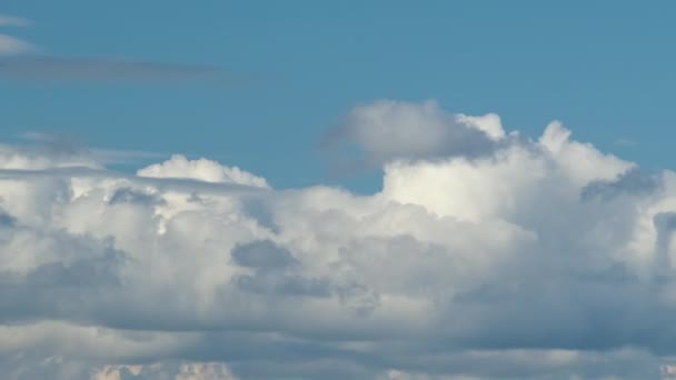 Images temporelles de cumulus blancs gonflés se déplaçant rapidement sur un ciel bleu clair. — Video
