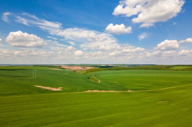 Parlak yaz gününde ekin yetiştiren, ekili tarım arazilerinin havadan manzarası.