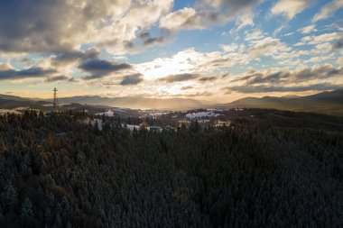 Soğuk dağlarda karla kaplı ormanların filizlendiği kış manzarası.