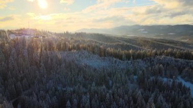 Geceleri soğuk dağlarda karla kaplı ormanlar arasında küçük köy evleri olan havadan kış manzarası.