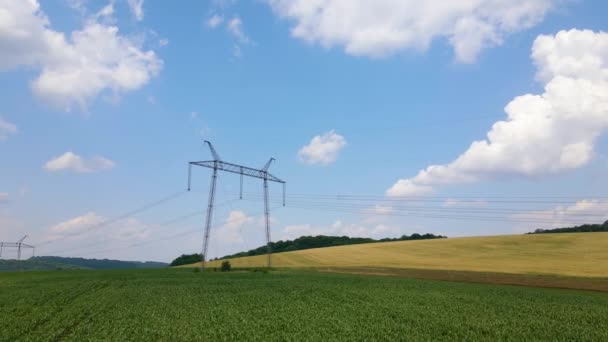 Wieża z liniami elektroenergetycznymi do przesyłu energii elektrycznej wysokiego napięcia znajdującej się na polu kukurydzy rolniczej. Dostawa koncepcji energii elektrycznej. — Wideo stockowe