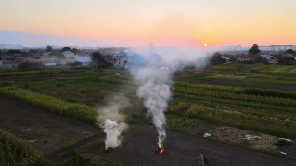 Aerial view of agricultural waste bonfires from dry grass and straw stubble burning with thick smoke polluting air during dry season on farmlands causing global warming and carcinogen fumes — Stock Video