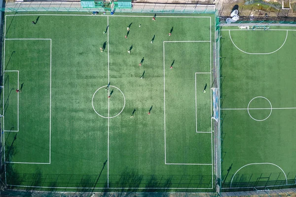 Aerial View Soccer Players Playing Football Green Sports Stadium — Stock Photo, Image