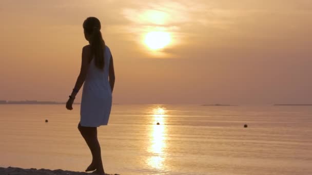 Jeune femme solitaire debout sur la plage de l'océan au bord de la mer profitant d'une chaude soirée tropicale — Video