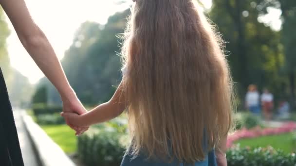 Baksidan bild av mor och hennes lilla dotter barn promenader tillsammans hålla händerna i sommarparken — Stockvideo