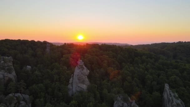 Lebendiger nebliger Morgen über dunklen Waldbäumen und großen Felsbrocken bei strahlendem Sommersonnenaufgang. Erstaunliche Landschaft wilder Wälder im Morgengrauen — Stockvideo