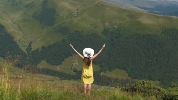 Achteraanzicht van een vrolijke vrouw wandelaar in gele jurk op een grazige heuvel op een winderige dag in de zomer bergen met uitgestrekte armen genieten van uitzicht op de natuur — Stockvideo