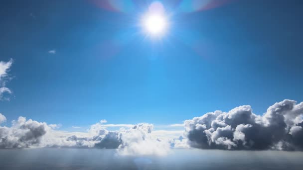 Aerial view from airplane window at high altitude of earth covered with puffy cumulus clouds forming before rainstorm — Stock Video