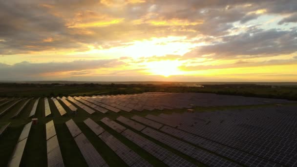 Widok z lotu ptaka na dużą zrównoważoną elektrownię z rzędami słonecznych paneli fotowoltaicznych do produkcji czystej ekologicznej energii elektrycznej o zachodzie słońca. Odnawialna energia elektryczna z koncepcją zerowej emisji — Wideo stockowe