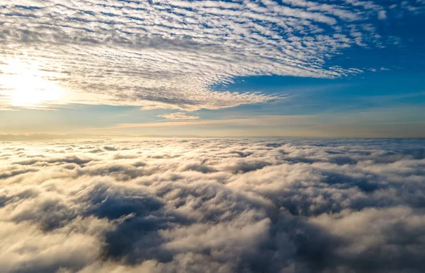 Aerial View Vibrant Yellow Sunrise White Dense Clouds Blue Sky — Stock Photo, Image
