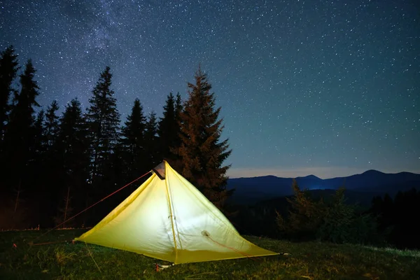 Brightly Illuminated Camping Tent Glowing Campsite Dark Mountains Night Stars — Stock Photo, Image