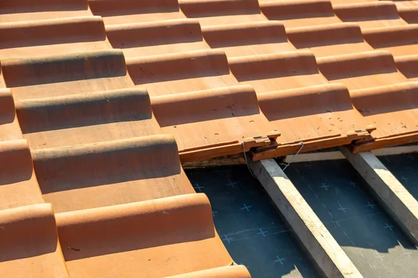 Overlapping Rows Yellow Ceramic Roofing Tiles Mounted Wooden Boards Covering — Stock Photo, Image