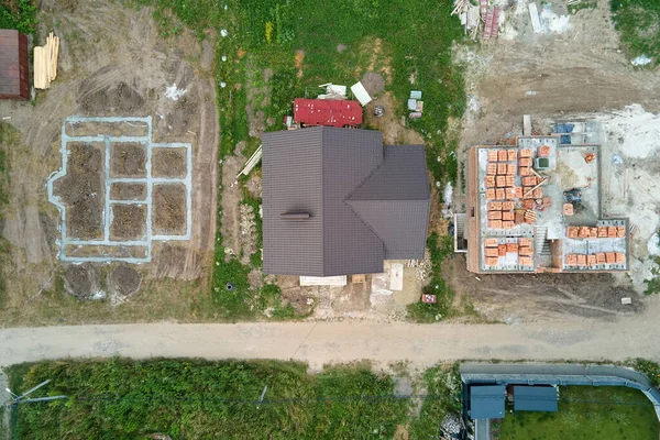 Vista Aérea Arriba Hacia Abajo Las Obras Construcción Nueva Casa — Foto de Stock