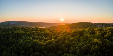Parlak yaz günbatımında karanlık orman ağaçları üzerinde canlı sisli bir akşam. Alacakaranlıkta vahşi ormanın inanılmaz manzarası.