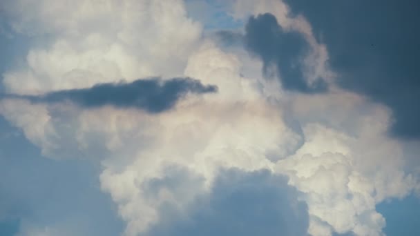 Яркий пейзаж белых пышных кучевых облаков, формирующихся и меняющихся под сильным ветром на голубом небе. — стоковое видео