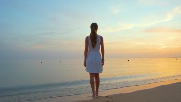 Jeune femme solitaire debout sur une plage de sable fin au bord de la mer profitant d'une chaude soirée tropicale. — Video