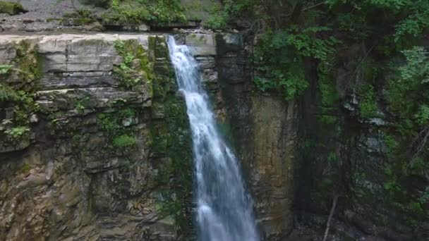 Waterval op de berg rivier met wit schuimwater vallen van rotsachtige vorming in de zomer bos. — Stockvideo