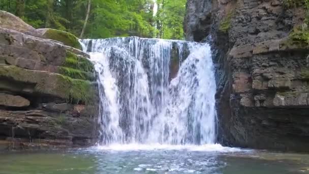 Waterval op de berg rivier met wit schuimwater vallen van rotsachtige vorming in de zomer bos. — Stockvideo