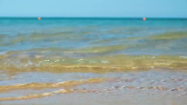 Zeegezicht met oppervlak van blauw zeewater met kleine kabbelende golven crashen op geel zandstrand. Reis- en vakantieconcept — Stockvideo