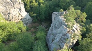 Yeşil orman ağaçları ve sık ağaçlar arasında büyük kayalık kayaların olduğu parlak manzaranın havadan görünüşü. Vahşi ormanın güzel manzarası