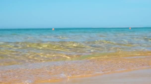 Zeegezicht met oppervlak van blauw zeewater met kleine kabbelende golven crashen op geel zandstrand. Reis- en vakantieconcept — Stockvideo