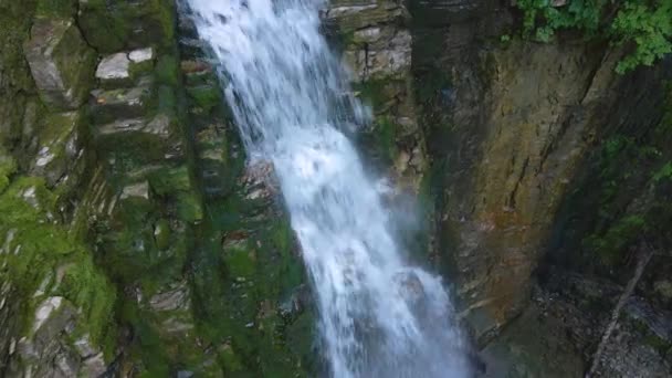 Водопад на горной реке с белой пенной водой, падающей с скалистого образования в летнем лесу — стоковое видео