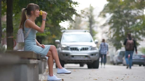 Mujer joven bebiendo café de la taza de papel sentado en el banco de la calle de la ciudad en el parque de verano — Vídeo de stock
