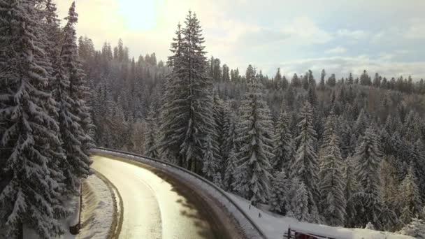 Luftaufnahme der Winterlandschaft mit schneebedeckten Bergwäldern und gewundenen Wald rutschige Straße — Stockvideo
