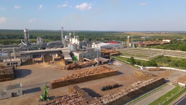 Vista aérea de la fábrica de procesamiento de madera con pilas de madera en el patio de fabricación de la planta — Vídeos de Stock
