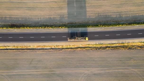 Flygfoto av lastbilar som kör på landsväg och fraktar gods. Leveranstransport och logistikkoncept — Stockvideo