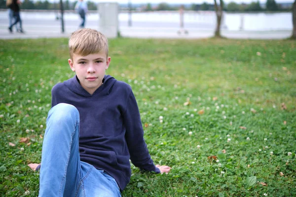 Portrait Child Boy Outdoors Resting Grass Lawn — Stock Photo, Image