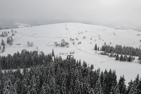 Winterlandschaft aus der Luft mit kleinen Bauernhäusern zwischen schneebedeckten Wäldern in kalten Bergen — Stockfoto