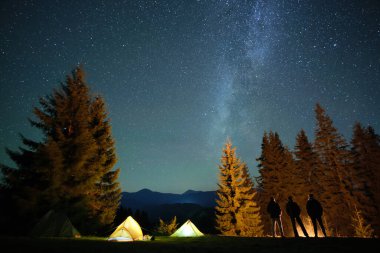 Parlak şenlik ateşinin yanında dinlenen yürüyüşçüler parlayan yıldızlarla dolu karanlık dağ ormanlarındaki kamp alanlarında kamp yapıyorlar. Aktif yaşam tarzı ve açık hava yaşam konsepti
