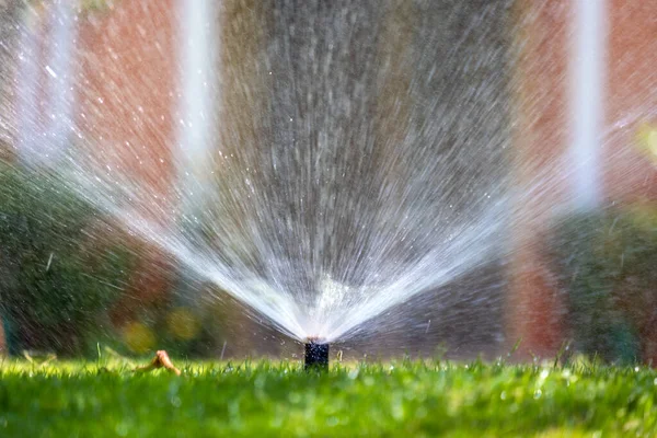 Kunststoff-Sprinkler, der Rasen im Sommergarten mit Wasser bewässert. Bewässerung der grünen Vegetation während der Trockenzeit, um sie frisch zu halten — Stockfoto