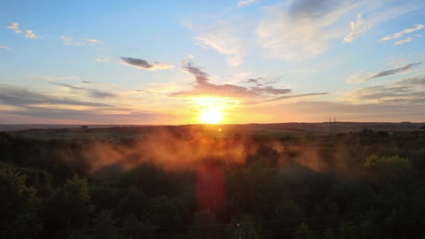 Vista aerea della nebbia leggera che copre alberi di foresta scuri al tramonto caldo — Video Stock