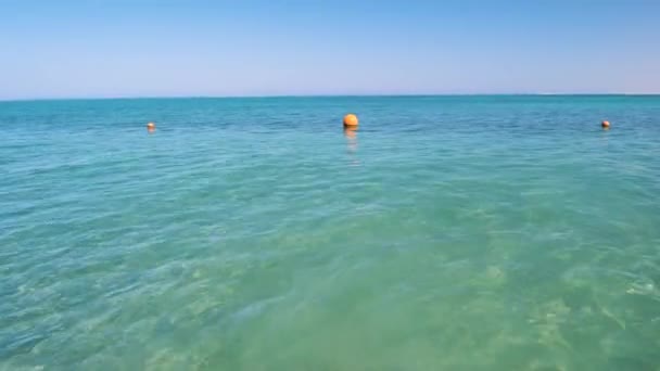 Pelampung jeruk mengambang di gelombang permukaan laut. Konsep keselamatan hidup manusia — Stok Video