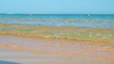 Mavi deniz suyunun yüzeyi ve küçük dalgalı dalgaların sarı kumsala çarptığı deniz burnu. Seyahat ve tatil kavramı