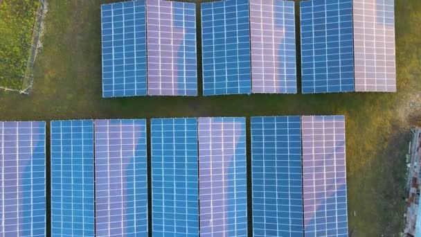 Letecký pohled na velkou udržitelnou elektrárnu s řadami solárních fotovoltaických panelů pro výrobu čisté ekologické elektrické energie. Obnovitelná elektřina s koncepcí nulových emisí. — Stock video