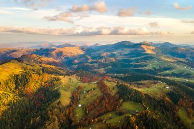 Günbatımında Ukrayna Karpatlar 'daki sonbahar ormanları arasında geniş çayırlardaki küçük çoban evlerinin havadan görünüşü