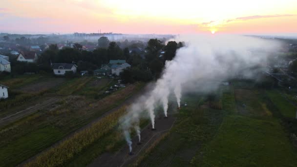 乾燥した芝生からの農業廃棄物のたき火の空中ビューや農地で乾季に大気を汚染煙とわら頑丈な燃焼 — ストック動画