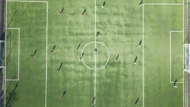 Letecký pohled fotbalistů hrajících fotbal na zeleném sportovním stadionu — Stock video