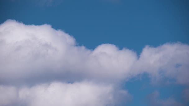 Beyaz kabarık kümülüs bulutlarının parlak manzarası mavi gökyüzünde güçlü rüzgarın altında şekilleniyor ve değişiyor. — Stok video