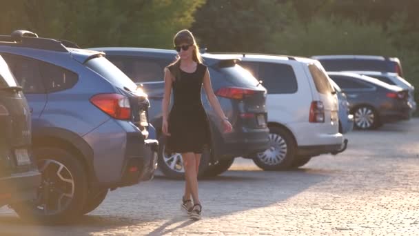 Mladá žena vytahuje z auta tašku s kufry. Koncept cestování a dovolené — Stock video