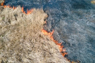 Kurak mevsimde çayırların kırmızı ateşle yandığını gösteren hava manzarası. Doğal afet ve iklim değişikliği kavramı