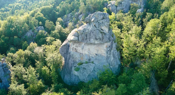 Vista aérea del paisaje brillante con árboles forestales verdes y grandes rocas rocosas entre densos bosques en verano. Hermoso paisaje de bosque salvaje — Foto de Stock