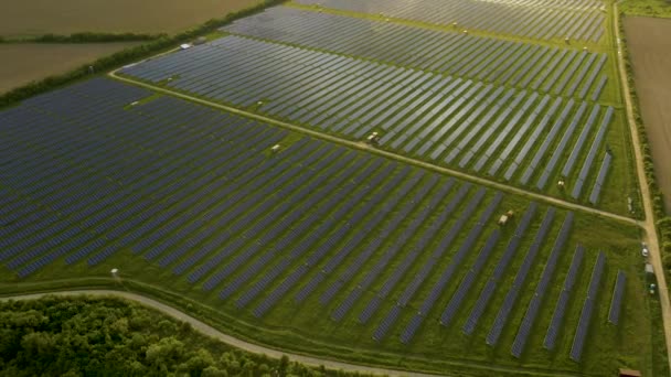 Vista aérea de una gran central eléctrica sostenible con filas de paneles fotovoltaicos solares para producir energía eléctrica limpia por la mañana. Electricidad renovable con concepto de cero emisiones. — Vídeo de stock