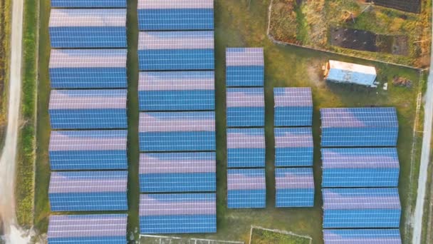 Vista aérea de una gran central eléctrica sostenible con filas de paneles fotovoltaicos solares para producir energía eléctrica ecológica limpia. Electricidad renovable con concepto de cero emisiones. — Vídeos de Stock