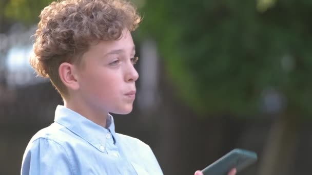 Šťastný dospívající chlapec mluví na mobilním telefonu venku v letním parku. Koncept přátelství online — Stock video