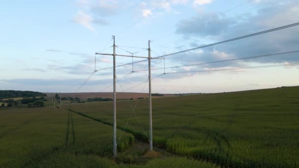 Vysokonapěťová věž s elektrickým vedením mezi zelenými zemědělskými poli. Koncepce přenosu elektřiny — Stock video