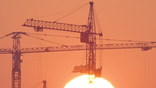 Dunkle Silhouette von Turmdrehkranen mit großer untergehender Sonne auf der Baustelle hoher Wohnhäuser bei Sonnenuntergang. Immobilienentwicklung — Stockvideo